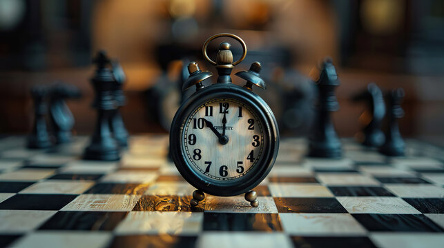 old vintage alarm clock on chessboard against black chess pieces.