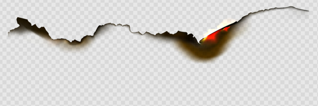 Burnt paper edges with fire and black ash. Vector realistic set of borders and frames from burnt and smoldering sheets of paper