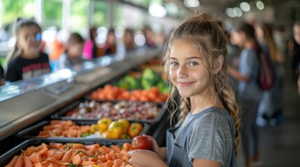 Children smiling and holding their school lunch in the line at the dining hall, with a blurred background of other students eating and soft focus.
