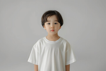 Little asian child wearing a white t-shirt, staying on a white background facing to the camera