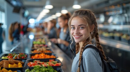 happy students in the school cafeteria, showcasing various healthy food options like vegetables and fruits.