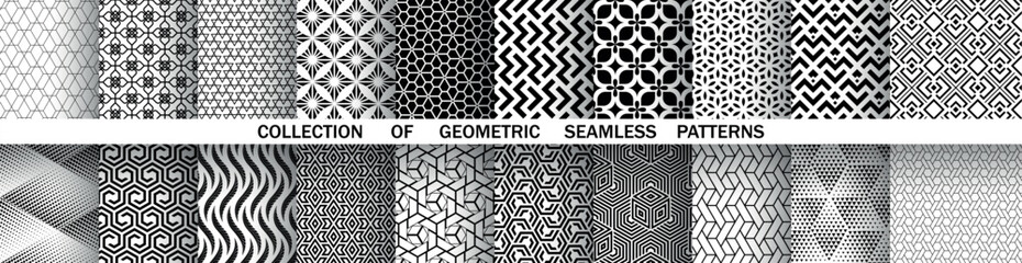 Geometric set of seamless black and white patterns. Simple vector graphics.