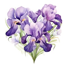 Elegant watercolor illustration of purple irises in a heart shape, showcasing nature's beauty and delicate floral elegance.