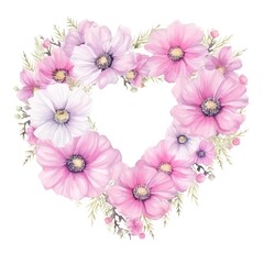 Heart-shaped floral wreath with pink and white flowers, creating a beautiful and romantic design against a white background.