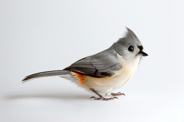 Tufted titmouse with gray plumage, black eyes, and a small crest, perched on white background.