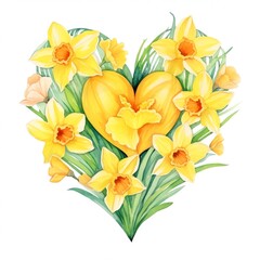 Watercolor heart-shaped arrangement of yellow daffodils. Perfect for greeting cards, invitations, or spring-themed designs.