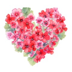 Watercolor illustration of a heart-shaped floral arrangement with vibrant red and pink flowers, creating a romantic and artistic design.