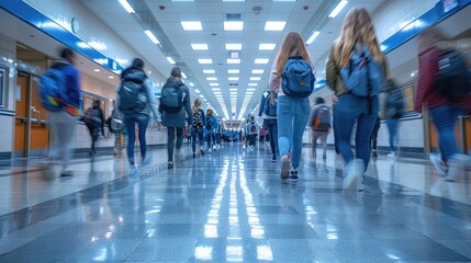 a high school hallway crowded with students walking to class with motion blur effect.