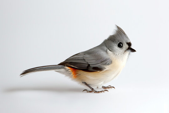 Tufted titmouse with gray plumage, black eyes, and a small crest, perched on white background.