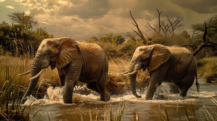Fototapeta premium Majestic Elephants Crossing River: Detailed Wrinkled Skin, Massive Trunks