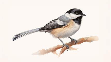 Obraz premium Watercolor illustration of a black-capped chickadee perched on a branch with a plain background.
