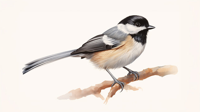 Watercolor illustration of a black-capped chickadee perched on a branch with a plain background.