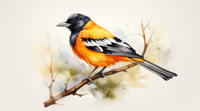 Watercolor illustration of a Baltimore oriole perched on a branch with a blurred background.