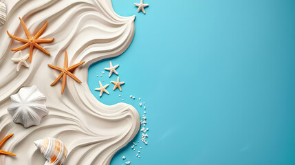 top view flat lay sea foam, stars, shells on blue background with copy space for Happy Ferragosto day.