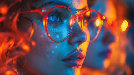 A woman with red glasses and blue eyes looking at the camera. The image has a warm, glowing atmosphere