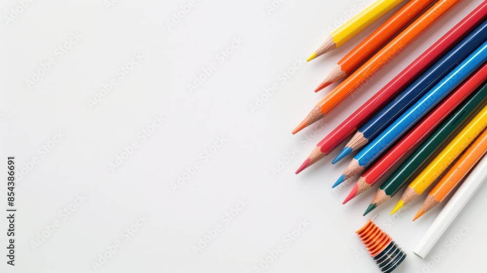 Poster a collection of pencils one with an eraser pointing upwards on a white background with space for tex