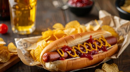 Tasty hot dog, chips and beer on table. national hot dog day