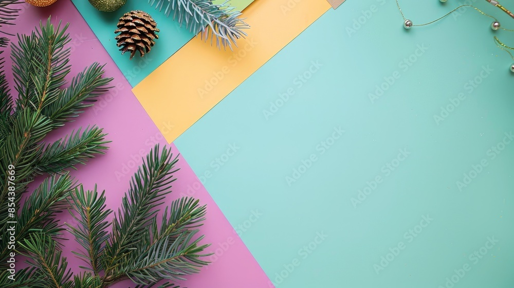 Poster christmas flat lay with paper pine branches and decorations on colorful surface top down view space 