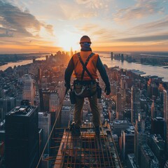Fototapeta premium A construction worker standing on top of a skyscraper, overlooking the city, representing the human element behind the tall buildings.
