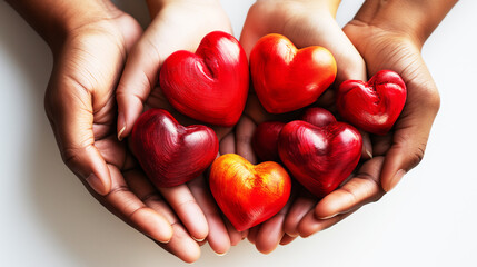 Diverse hands holding red hearts together, symbolize unity, love, and support for World Organ Donation Day, emphasizing the importance of organ donation and community solidarity