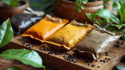Three packets of food, possibly spices or herbs, arranged on a wooden surface with a leafy plant in the background.