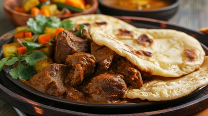 A plate of savory roti filled with curried goat a popular street food found throughout the Caribbean.