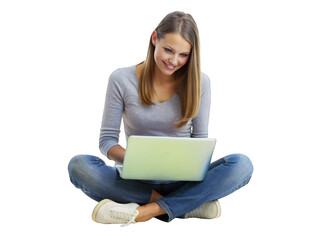 Naklejka premium woman with laptop and smiling
