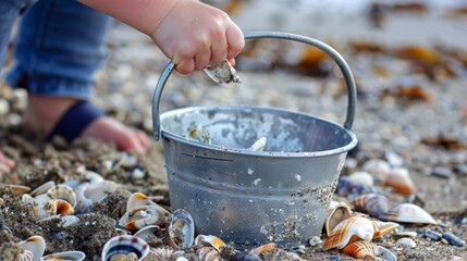 A childs sand pail being used to collect shells and mollusks from the shore ready to be grilled and served with a tangy citrus dipping sauce.