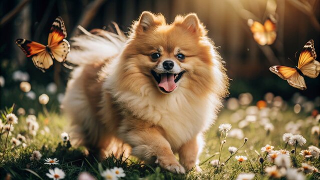 Happy Pomeranian running through tall grass with butterflies