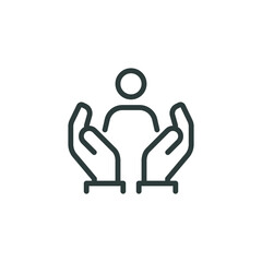 Thin Outline Icon Two Hands Holding Figurine Man or Hands Hugging Person Symbol. Line Sign Gesture Compassion Support, Protect Care helping, Caring Hands Vector Isolated Pictogram on White Background.