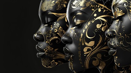 Three women with smooth, dark skin feature intricate, golden floral designs adorning their faces, creating a striking and elegant contrast against a black background.