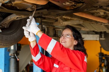 Female mechanic working under a car, smiling while using a wrench. Technician in red uniform...