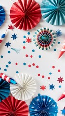 Naklejka premium American Federal Holiday Banner Design with American Flag, Colorful Paper Fans, and Fireworks Rockets on White Background. Happy Independence Day, Presidents' Day, Labor Day Concept, Celebrating New Y