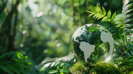 Transparent earth globe with green plant on the tropical rainforest blur background.AI generated image