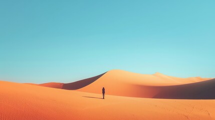 Fototapeta premium Vast desert landscape with undulating sand dunes under a clear sky. The predominant colors are the orange-brown of the sand and the light blue of the sky