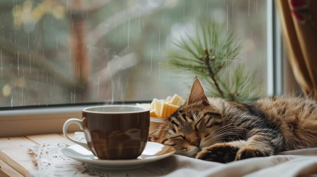 Cozy scene of a cat sleeping next to a coffee cup by a window with rain outside.
 Seamless looping 4k time-lapse virtual video animation background. Generated AI