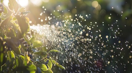 Sprinkler head watering blueberry bushes, close-up, water spray catching sunlight, blurred greenery 