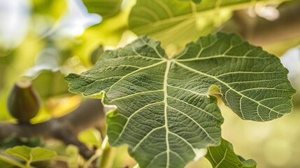 Fig tree leaf in detail, close-up, large and rugged texture, soft-focus figs in the background 