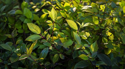 Obraz premium Berry bush foliage, detailed close-up of mixed berry leaves, crisp, clear morning light 