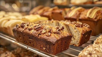 Fototapeta premium The unmistakable aroma of freshly baked banana bread filled with chunks of real banana and toasted macadamia nuts fills the shop with warmth.