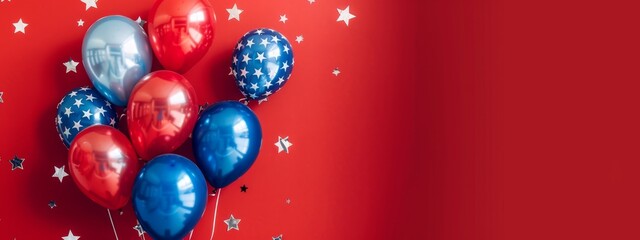 Happy Independence Day Concept with Top View of Foil Balloons in American Flag Colors on Red Background. Celebrating Presidents' Day, Labor Day, New Year, National Holiday, Election Concept, Christmas