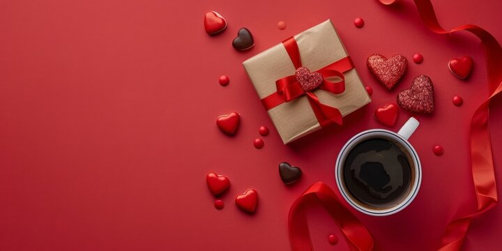 Festive Christmas Red Background with Gift Boxes, Heart-shaped Coffee Cup, Candy, and Flower Gift Bags. Top View, Perfect for Valentine's Day or Any Romantic Occasion. Christmas Card Template, New Yea - Powered by Adobe