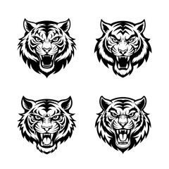 Angry tiger head only icon black white vector set