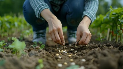 Farmer Planting Seeds in Rural Farmland with Shallow Depth of Field