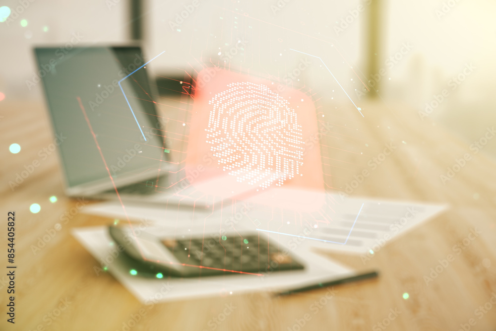 Poster double exposure of virtual creative fingerprint hologram on blurry calculator with laptop background