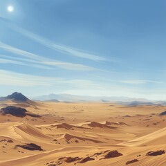 Naklejka premium A vast, desolate desert landscape with endless dunes stretching towards the horizon. The harsh sun beats down, casting long shadows.