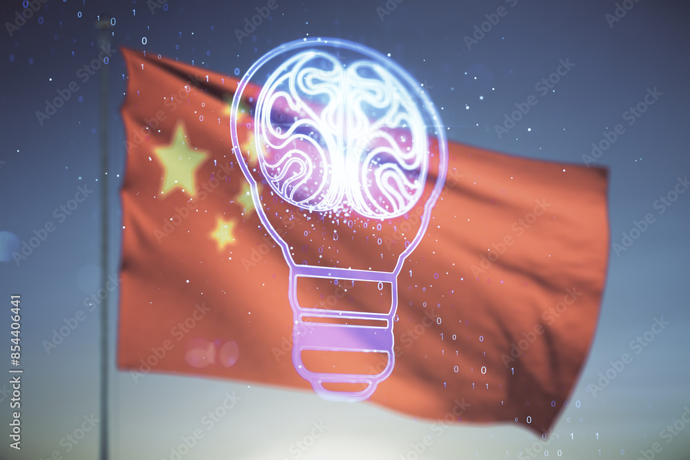 Poster double exposure of abstract virtual creative light bulb hologram with human brain on chinese flag an