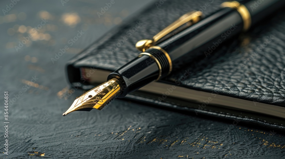 Poster close up of stationary pen with notebook and texture for text placement