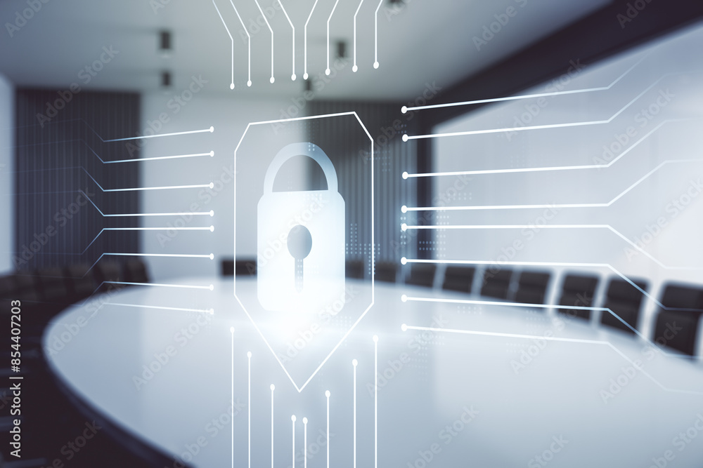Poster double exposure of virtual creative lock hologram with chip on a modern meeting room background. inf