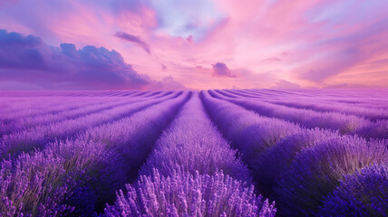 Obraz premium Lavender Field at Sunrise with Pink Sky 